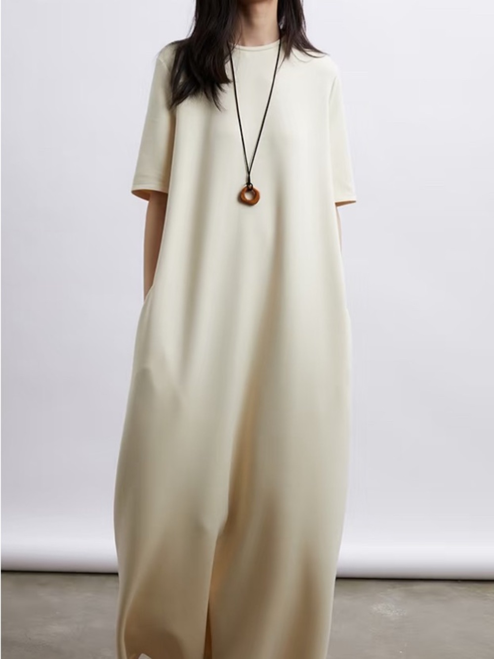 Minimalist Cream Maxi T-Shirt Dress - Picture 3 of 6